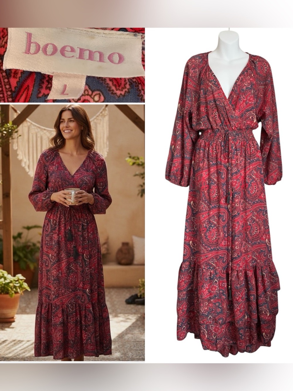 Anthropologie Boeme Red Paisley Boho Resort Maxi Dress Large